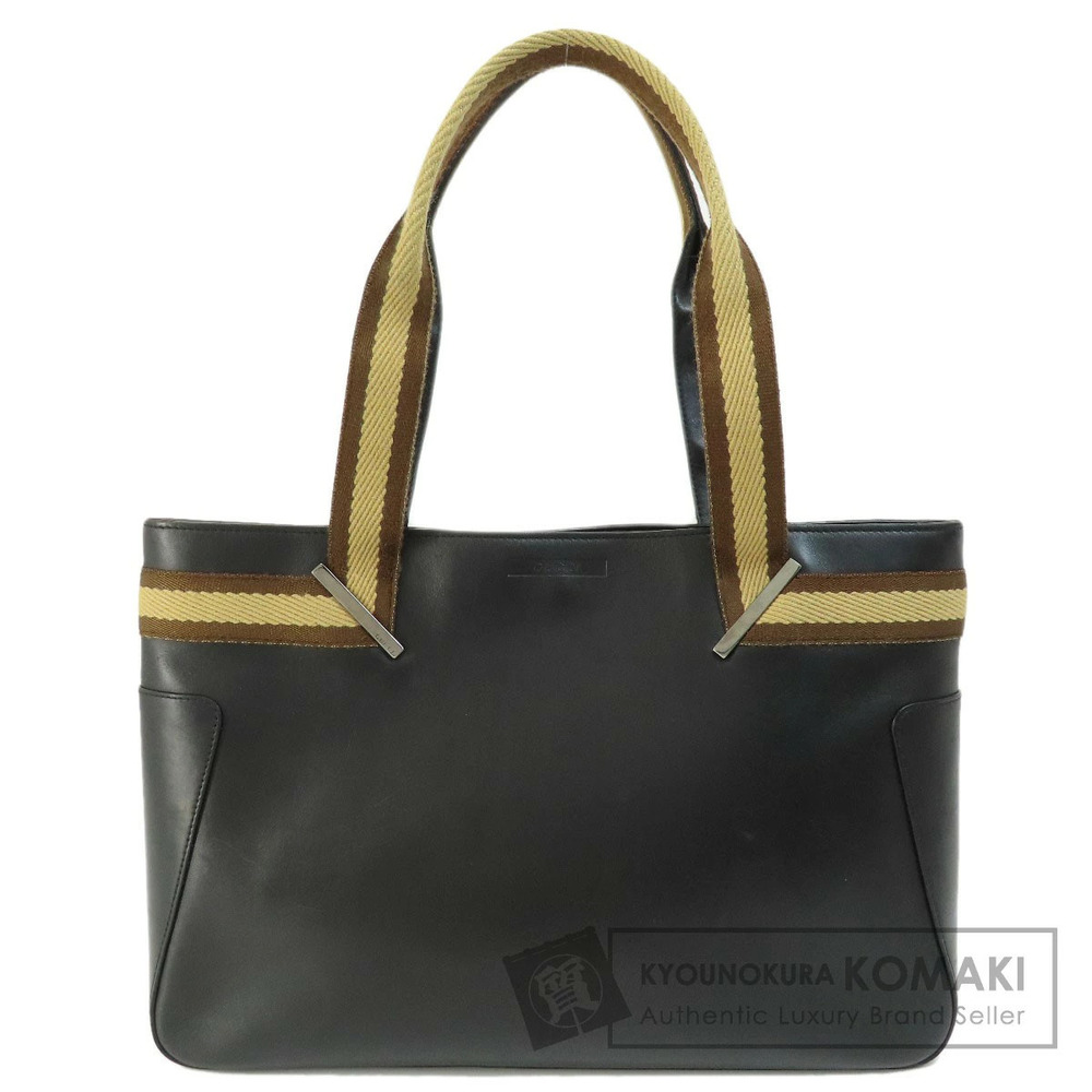 Gucci Sherry Line black leather tote bag striped canvas handles